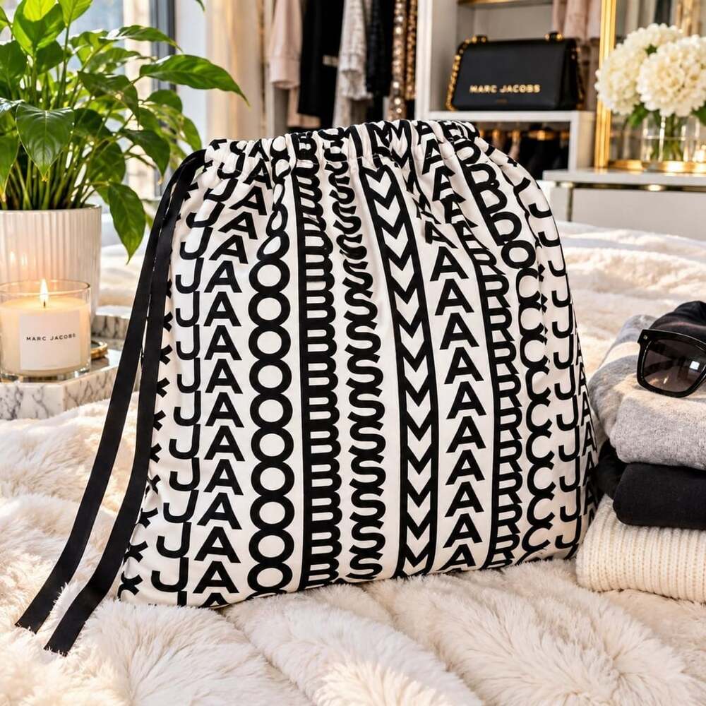 Marc Jacobs Logo Print Drawstring Pouch Dust Bag Black White NWOT
